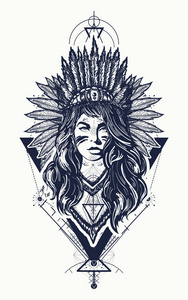 部落印第安妇女纹身和 t-shirt 设计.年轻女子照片
