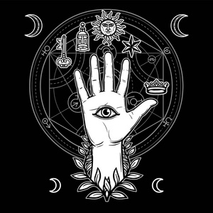 炼金术圆的转变. 在黑色背景上隔离的矢量插图. 打印海报t恤卡.照片