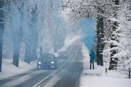 人与蓝色孟加拉在冬天雪路