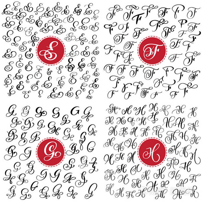 大套手绘矢量书法字母 E, F, G, h. 脚本字体。用墨水写的独立字母。手写画笔样式。标志包装设计海报用手刻字