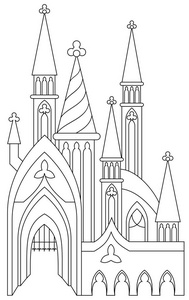 成人童话黑白页着色. 童话故事中的神奇中世纪城堡.