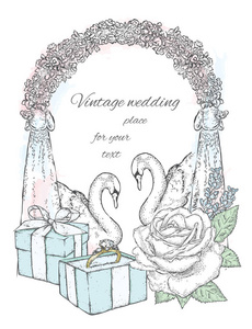 有戒指的盒子，天鹅，婚礼拱门和鲜花。温柔的结婚卡片..准备好设计。复古和复古。爱情和婚礼。结婚戒指。
