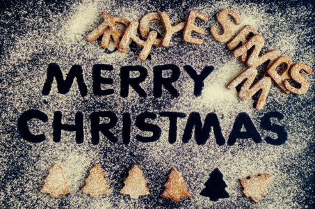 圣诞快乐的措辞从自制姜饼饼干在黑暗的黑板背景。 圣诞概念。 圣诞穆迪风格的问候卡。 新年快乐。 上面的风景。