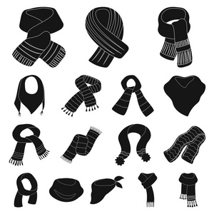 围巾和披肩黑色图标集合中的设计。服装和辅助向量符号库存 web 插图