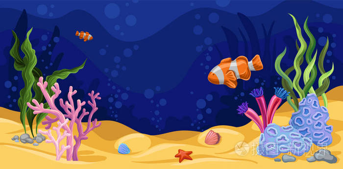 美丽的水下场景与海藻, 海洋生物矢量插图, 设计元素的海报或横幅插画
