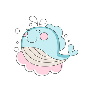 可爱的蓝色小鲸鱼.背景粉红色云.海洋生物儿童手绘风格.