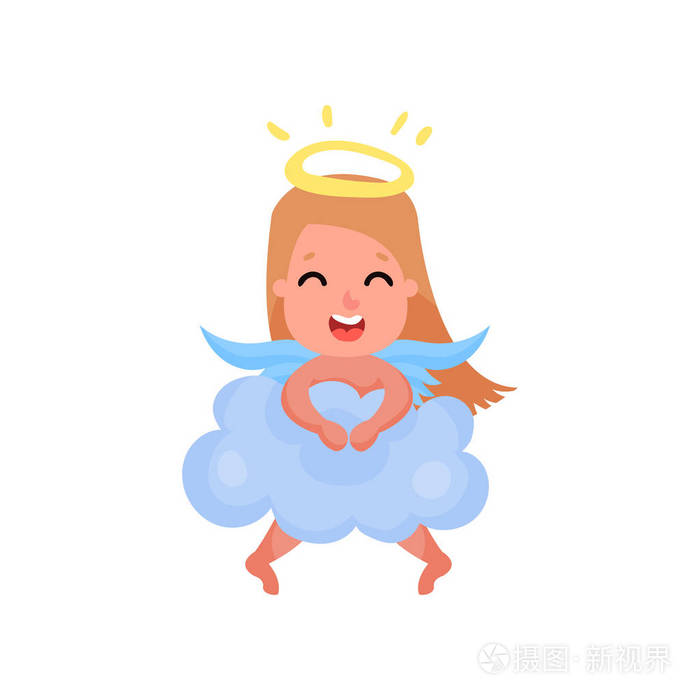 可爱的金发碧眼的小天使女孩玩云卡通矢量插图