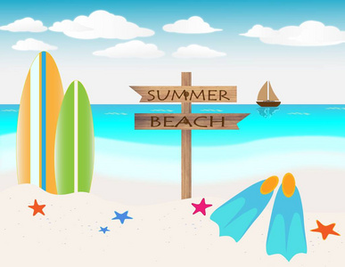 夏季海滩假日插图与冲浪板和鳍