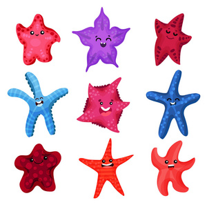 彩色海星集, 水下无脊椎动物卡通矢量插图照片