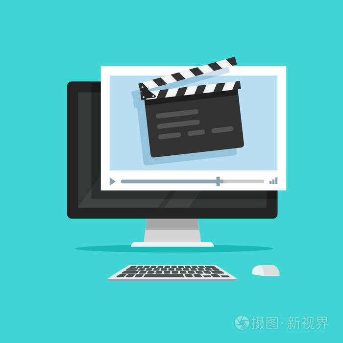 电影或在线电影在计算机概念矢量插画, 平板卡通风格的克拉珀板视频