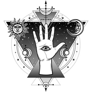 神秘符号:人类的手有一个神圣的全视眼. 炼金术魔法深奥的神秘学.
