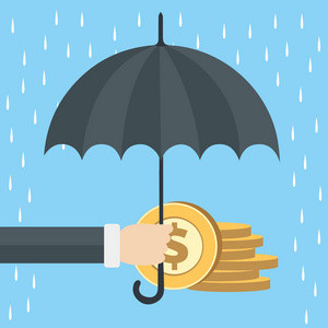 手拿伞在雨下保护金钱. 货币储蓄和货币保护概念. 平面矢量插图照片