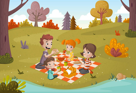 卡通家庭在晴天在公园野餐。 自然背景。