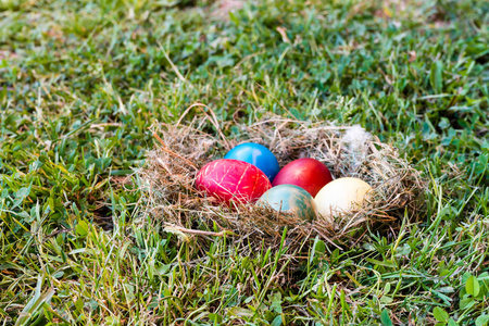 在青草上筑巢的复活节彩蛋