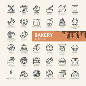 面包店元素最小细线网页图标集。 轮廓图标收集。 简单的矢量图。