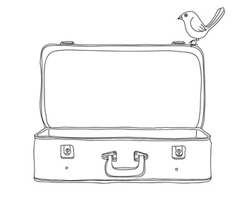 古董手提箱和可爱的鸟存储行李空和打开 ha