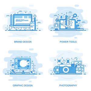 现代平面彩色线概念网页横幅摄影，平面设计，电动工具和品牌设计。用于网页设计营销和平面设计的概念向量插图。