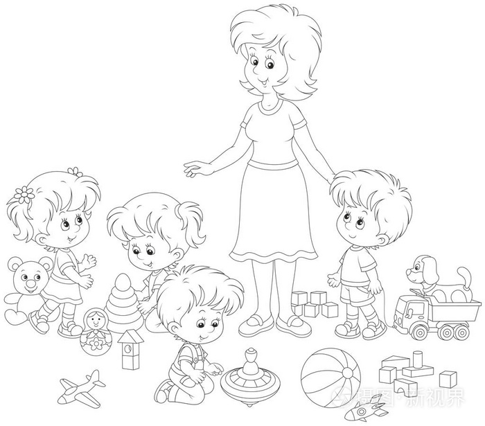 插画 小男孩和小女孩在他们可爱的幼儿园老师周围玩玩具,一个黑白矢量