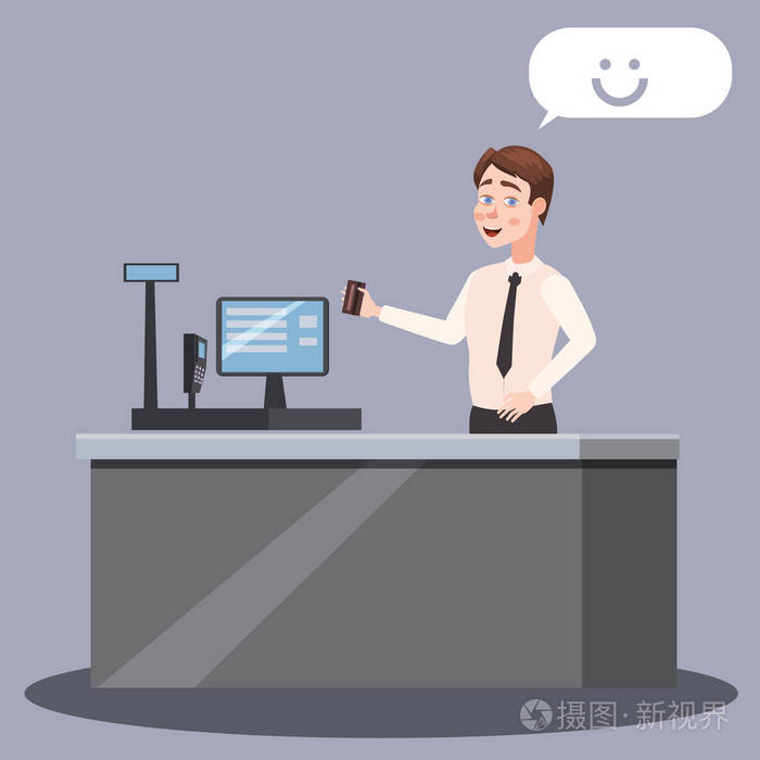 收银员在结帐柜台与收银机和收银机在超市, 卡通风格, 矢量, 插图