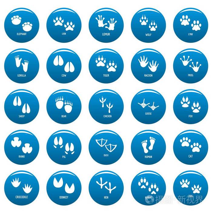 动物足迹矢量图标设置蓝色, 简单的样式