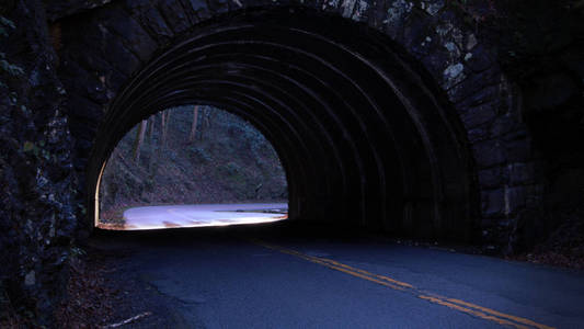 石隧道路在森林在日落时间