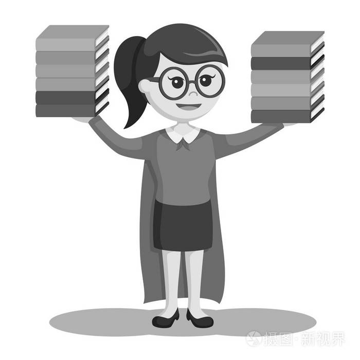 超级图书管理员女孩插图设计黑白风格