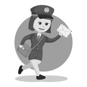 lwoman女邮递员正在投递黑色和白色的信件照片