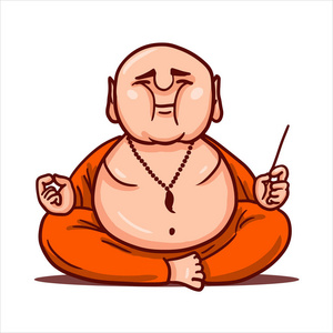 平静的佛陀练习瑜伽,坐在莲花的位置,手里拿着一根香,冥想.照片