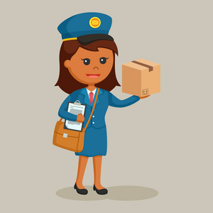 lwoman非洲女邮递员带剪贴板和包裹照片