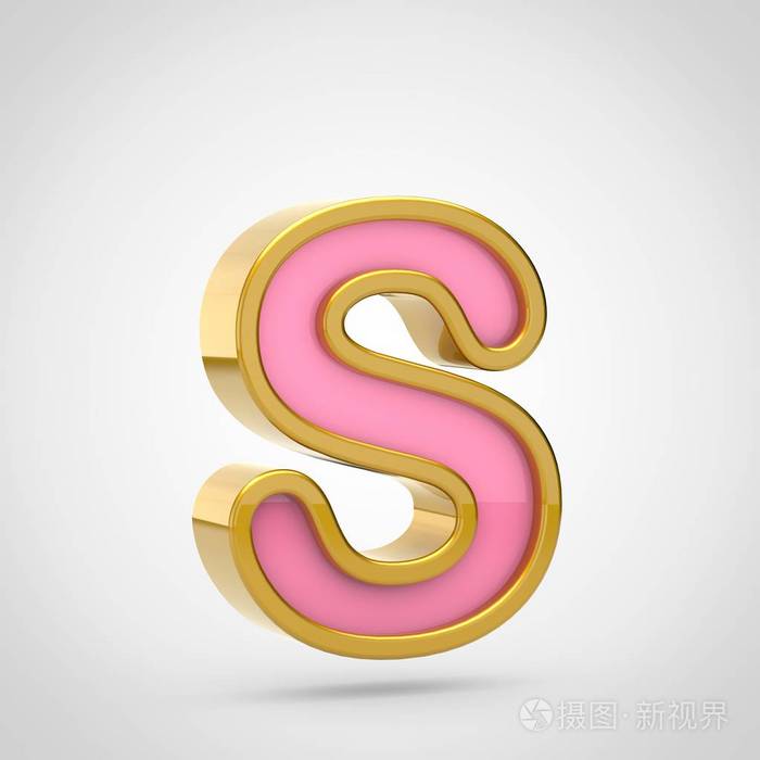 白色背景大写字母s上带有金色轮廓的粉红色字体的三维渲染