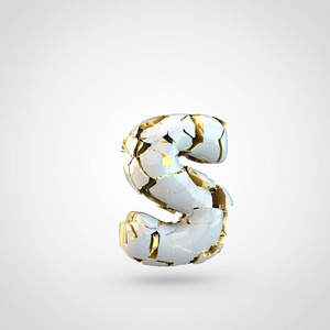 白色背景小写字母s内金色纹理的开裂白色字体设计摄影图