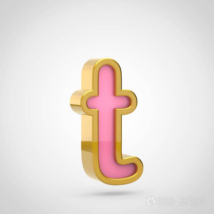 白色背景小写字母t上带有金色轮廓的粉红色字体的三维渲染