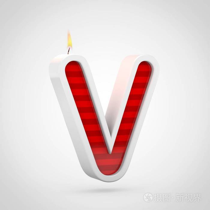 白色背景大写字母v上红色生日蜡烛字体的三维渲染