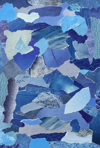 墙纸砍用蓝色拼贴情绪板. 2.这张纸是用报纸和杂志撕成碎片的照片