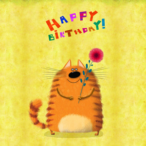 生日贺卡条纹红色丰满的猫与花图片