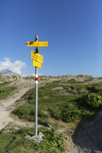 在瑞士的圣贝纳迪诺的高山通行证与路径迪尔标志