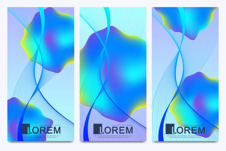 一组现代的矢量传单。抽象流体3d 形状矢量新潮液体颜色背景设置。彩色流体图形构图插图