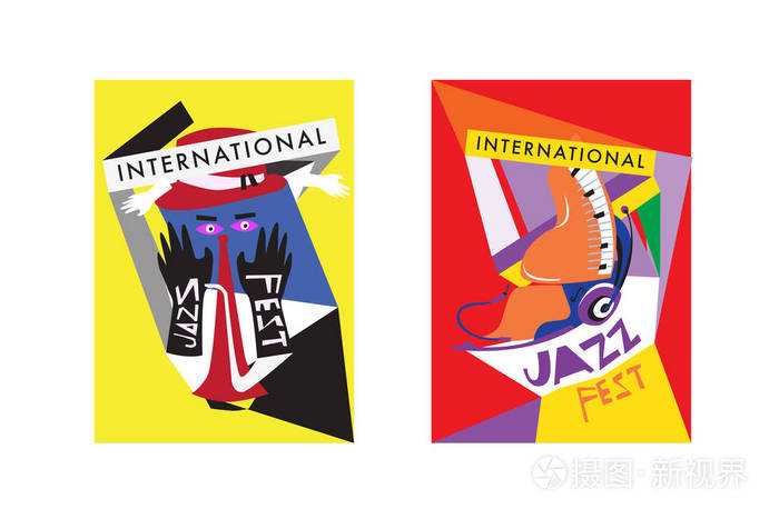 丰富多彩的国际爵士音乐节。 音乐家歌手和乐器海报设置平面矢量插图。 爵士乐和音乐活动的海报模板。