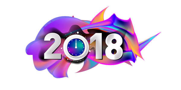 在2018年新年的背景下，彩色丙烯酸涂料3D设计元素为演示传单，传单，明信片和海报。 矢量插图