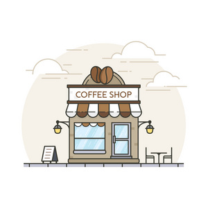 咖啡店。 平面风格的咖啡店建筑，背景是剪影城。 咖啡厅商店建筑平面设计。 咖啡休息店插图