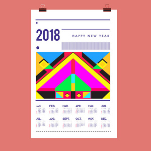 新的2018年日历封面模板。 日历和海报设计与丰富多彩的孟菲斯风格背景。