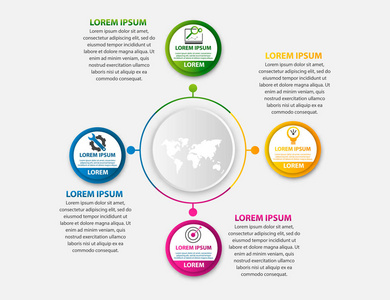 现代矢量插画3d。模板的圆形信息与四元素, 圆圈。包含图标和映射。专为商务演示网页设计图4步骤设计