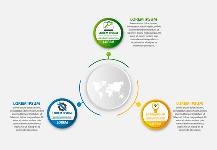 现代矢量插画3d。圆形信息的模板, 有三元素, 圆圈。包含图标和映射。专为商务演示网页设计图3步骤设计