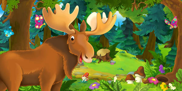 森林中快乐而有趣的麋鹿的卡通场景儿童插图