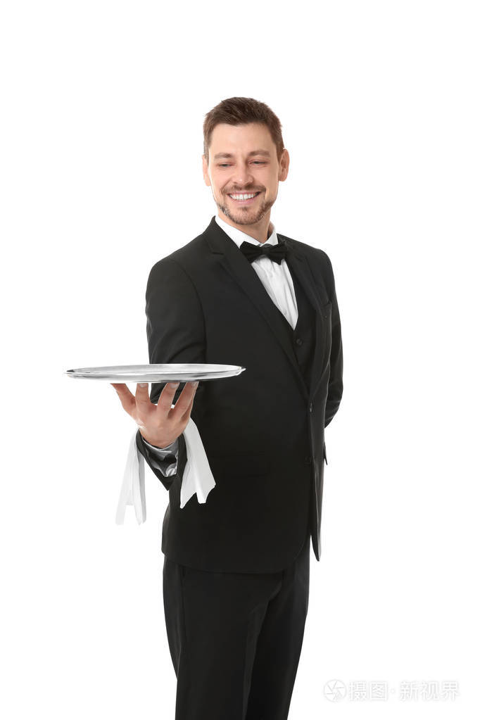 白色背景金属托盘服务员
