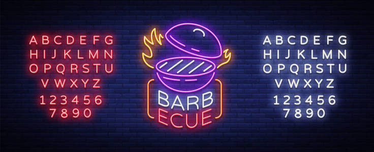 烧烤标志向量。霓虹灯标志, 标志, 明亮的广告夜间烧烤, 烧烤, 烤肉, 烧烤酒吧, 餐厅。明亮的霓虹灯横幅, 发光的广告牌为您
