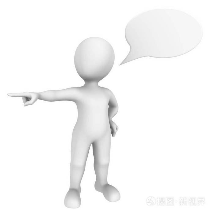 三维人用言语泡沫指着一根手指. 三维插图
