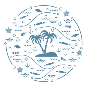 可爱的矢量图和鱼，岛上的棕榈树，锚