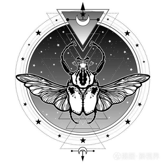 神秘符号虫子歌利亚 神圣的几何学 炼金术魔法深奥的神秘学 在白色背景上隔离的矢量插图 打印海报t恤卡 插画 正版商用图片10uer9 摄图新视界