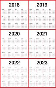 2018 2019年 2020年 2021年 2022年 2023 年日历矢量